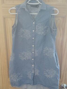 Blue Cotton Sleeveless Button-Front Floral Embroidered Dress